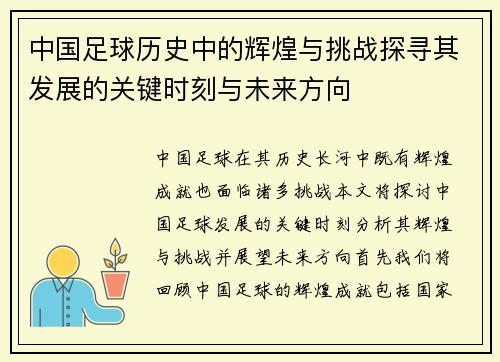 中国足球历史中的辉煌与挑战探寻其发展的关键时刻与未来方向